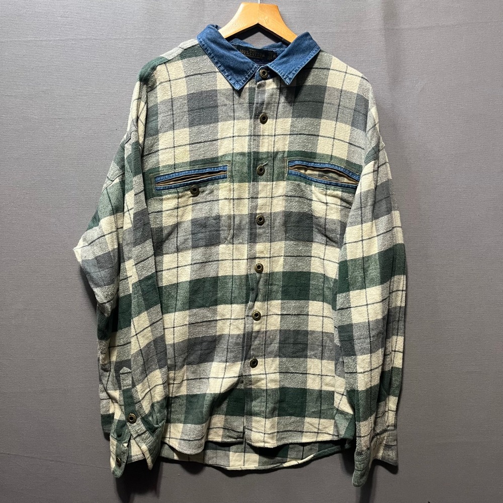 Vintage Everyday Plaid Flannel Shirt Mens XL Green Cream Denim Collar Cotton